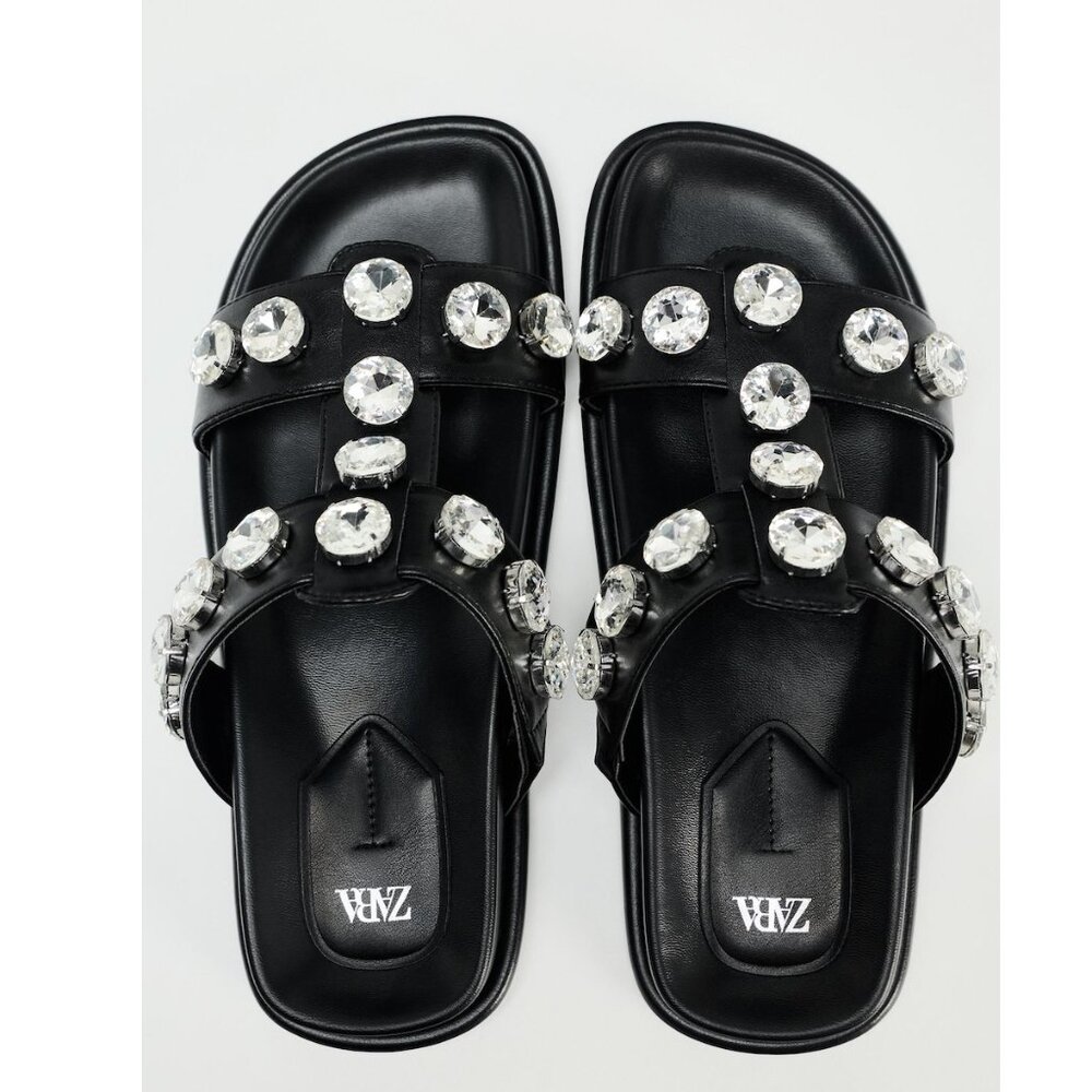 Zara Faux Leather Gem Sandals Black NWT